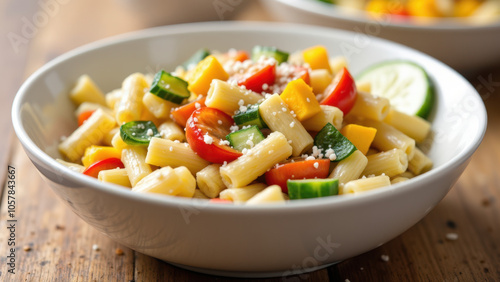 "Freshly prepared pasta salad garnished with diced tomatoes, green peppers, and cucumbers."