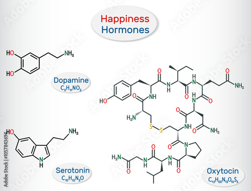 Happiness hormones. Serotonin, dopamine, oxytocin molecules. Vector illustration