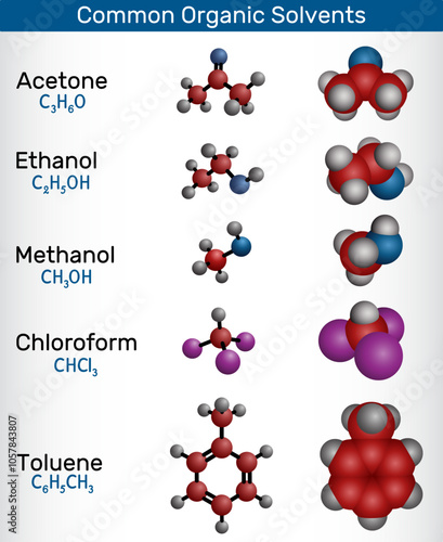Common organic solvents. Molecular structure and 3D models of acetone, ethanol, methanol, chloroform, and toluene. Vector