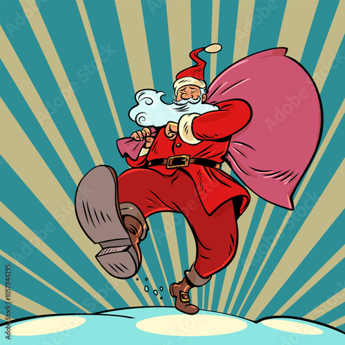 Santa Claus is walking with a sack. The coming holiday is New Year. Symbol of the coming winter and gifts.