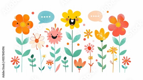 Vector illustration of simple cartoon flowers with speech bubbles and happy face against white background 