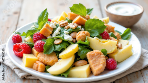 A vibrant salad with raspberries, apple slices, and nuts on a plate.