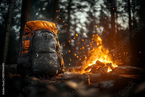 Wallpaper Mural A hiking backpack near a burning campfire on night forest background... Torontodigital.ca