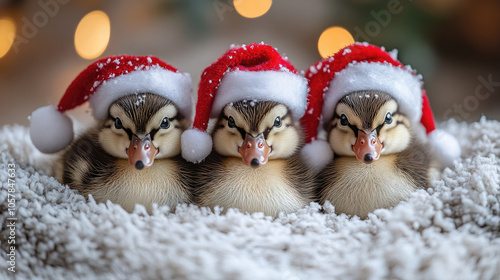 cute ducklings in Santa Claus hats on winter background, christmas, new year, new year card, duck, bird, chick, pet, funny animal