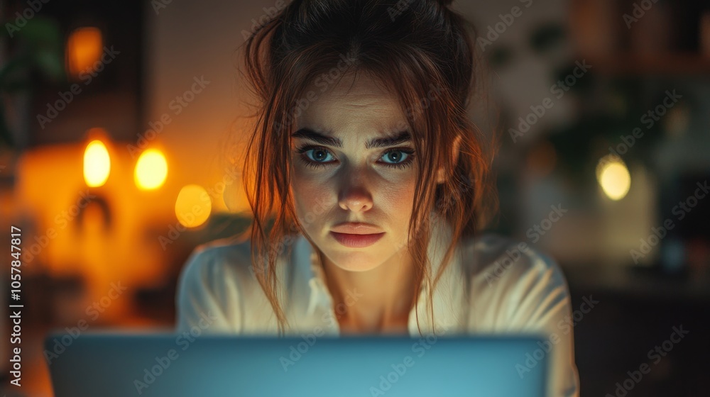 Businesswoman, laptop screen glowing, stressed expression, late-night work Businesswoman, laptop screen glowing, stressed expression, late-night work