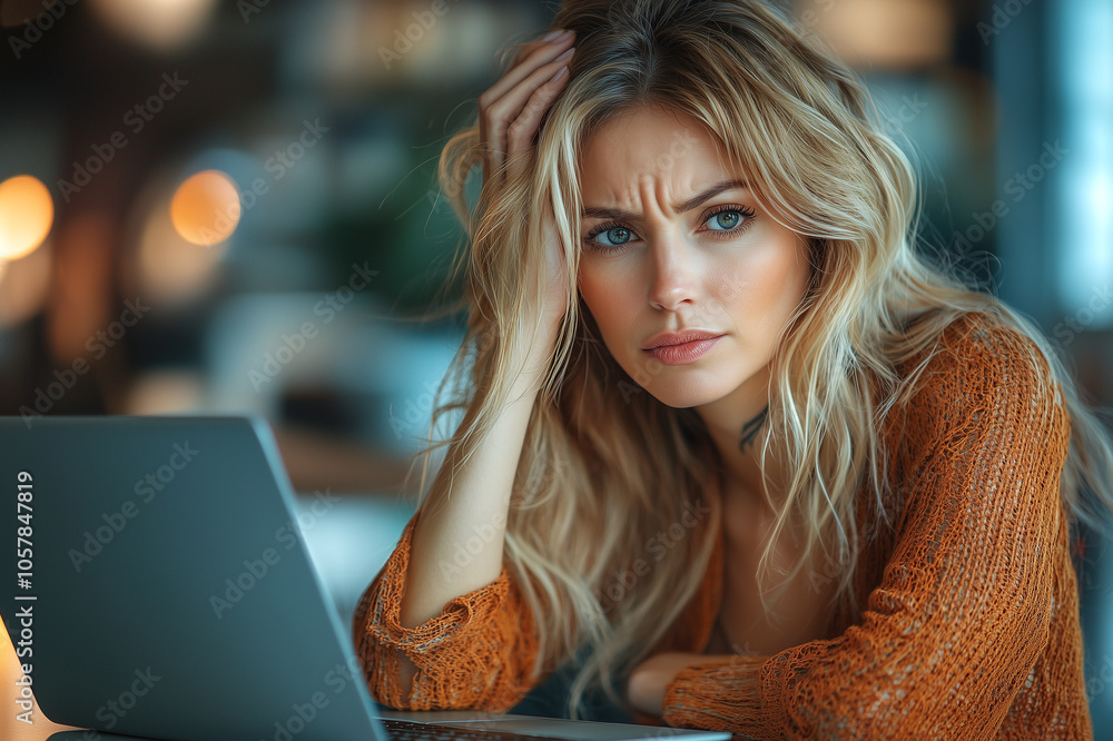 A woman sits in front of a laptop screen with her head propped up by her hand. The person looks upset about some problem. Concept of solving a difficult task. A woman sits in front of a laptop screen with her head propped up by her hand. The person looks upset about some problem. Concept of solving a difficult task.