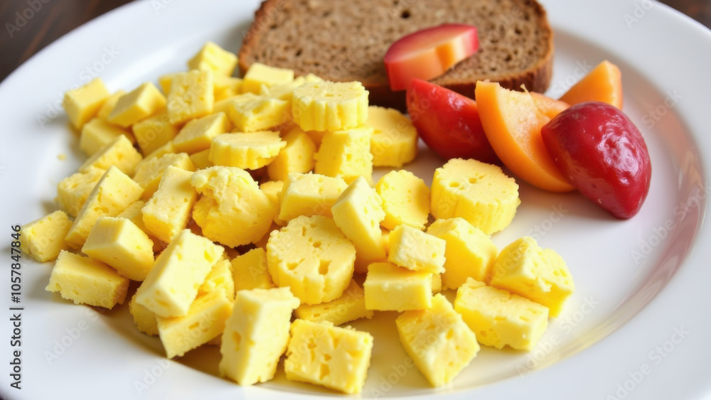 Plate of breakfast food, including scrambled eggs and a slice of rye bread with tomato. Plate of breakfast food, including scrambled eggs and a slice of rye bread with tomato.