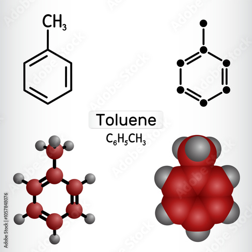 Toluene, toluol C7H8 molecule.Structural and 3D models of aromatic hydrocarbon. Vector