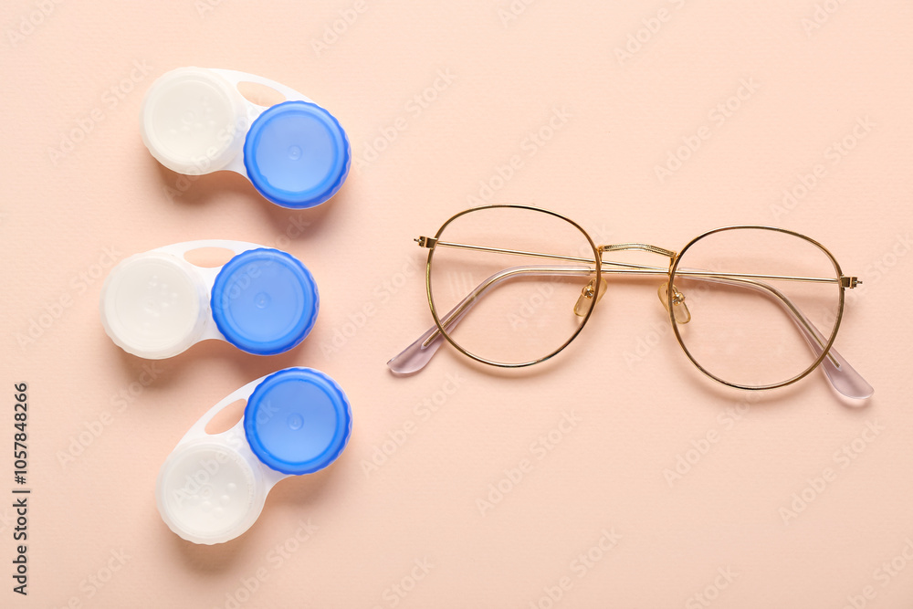 Stylish eyeglasses with containers for contact lenses on beige background Stylish eyeglasses with containers for contact lenses on beige background