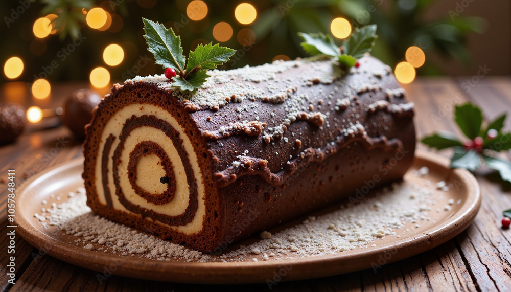 Christmas Yule log cake with festive decorations Christmas Yule log cake with festive decorations