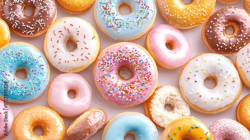 A colorful assortment of freshly baked donuts arranged on a light surface, perfect for a sweet treat any time of day