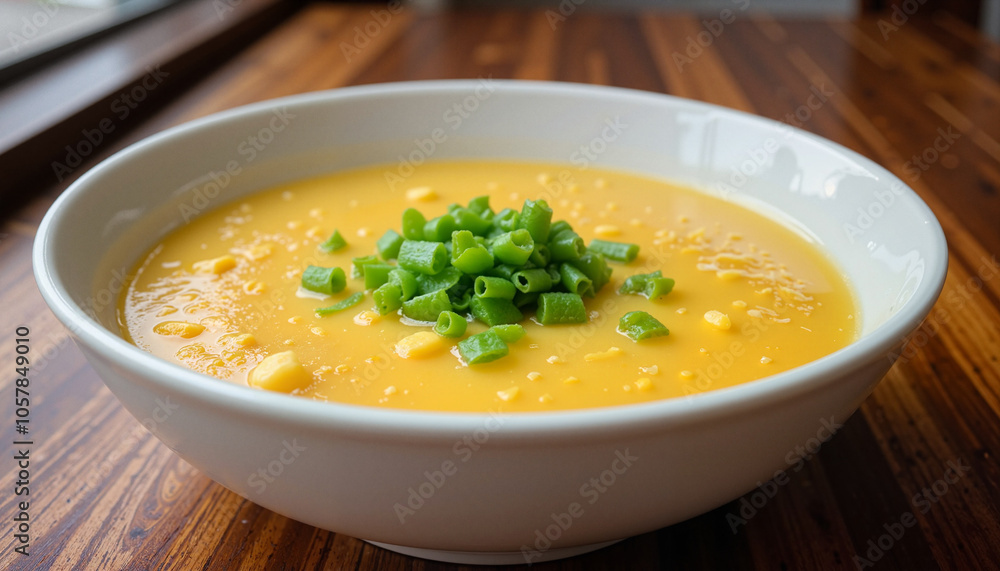 Creamy corn soup with green onion garnish in white bowl Creamy corn soup with green onion garnish in white bowl