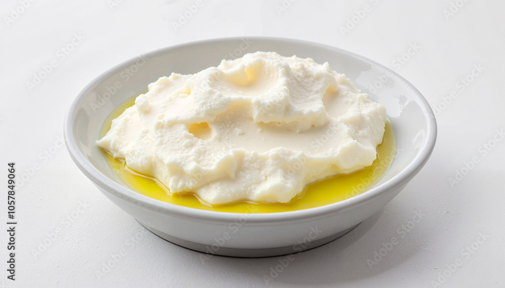 Creamy labneh cheese in white bowl with olive oil Creamy labneh cheese in white bowl with olive oil