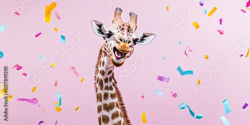 A giraffe is standing in a pile of confetti
