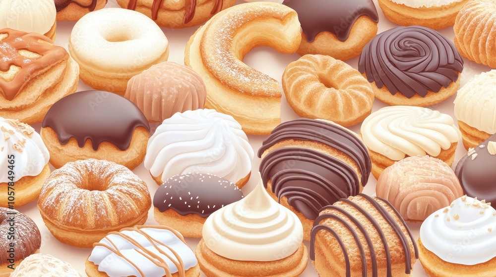 A vibrant assortment of delicious donuts arranged artfully on a surface, showcasing various flavors and toppings for savory enjoyment A vibrant assortment of delicious donuts arranged artfully on a surface, showcasing various flavors and toppings for savory enjoyment