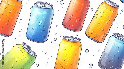 Colorful soda cans arranged in a vibrant pattern on a white background during a summer celebration