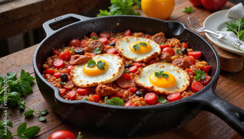 Delicious fried eggs with vegetables in cast iron skillet Delicious fried eggs with vegetables in cast iron skillet