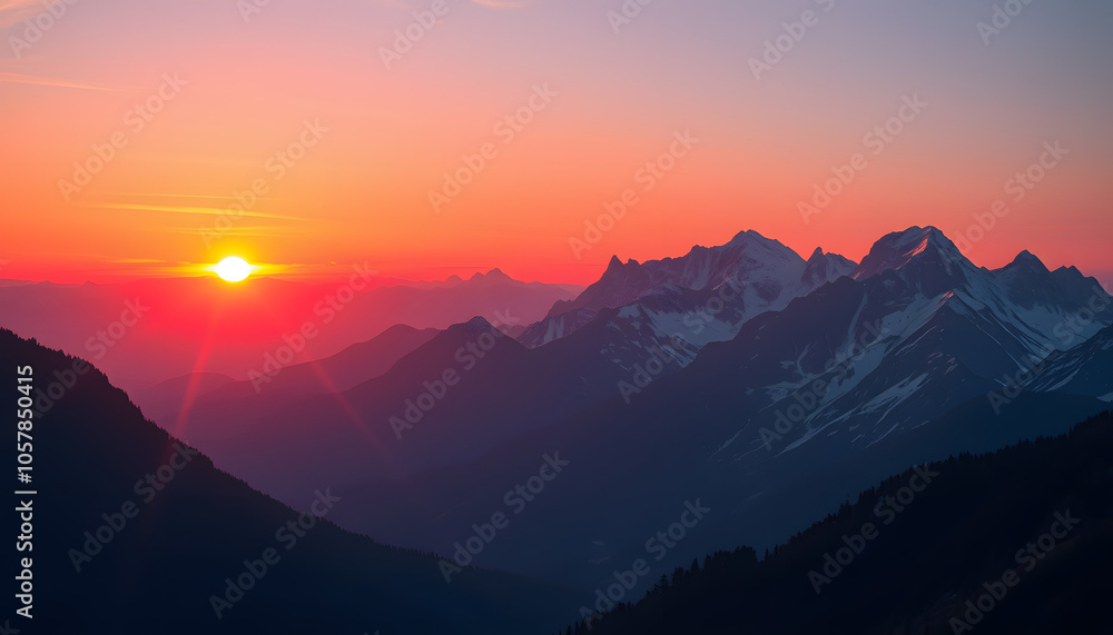 Alpine Mountain Panorama at Magical Red Sunrise isolated with white highlights, png Alpine Mountain Panorama at Magical Red Sunrise isolated with white highlights, png