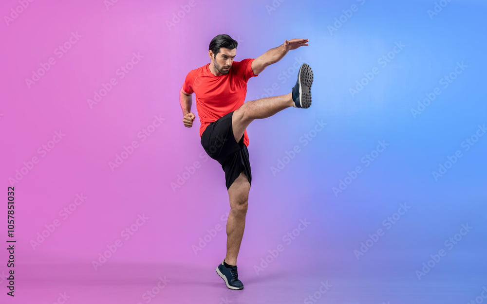Full body length gaiety shot athletic and sporty young man with fitness in cardio exercise, kicking position posture on isolated background. Healthy active and body care lifestyle.