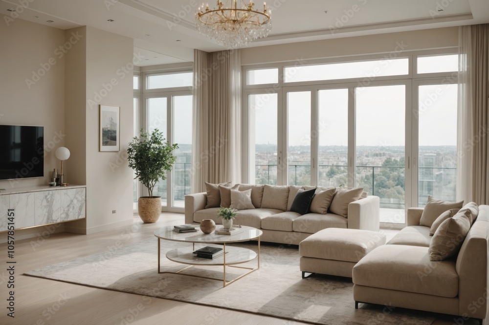 Fototapeta premium living room with soft beige furniture in a light luxury interior design of a modern apartment in a minimalist style with marble trim and huge windows