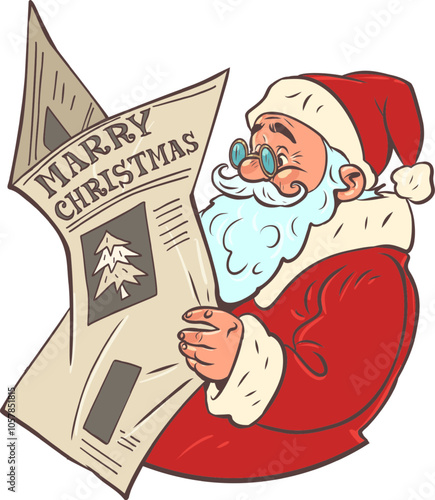 Santa Claus reads a newspaper. New Year's news about the upcoming holiday. Summary for the past year.