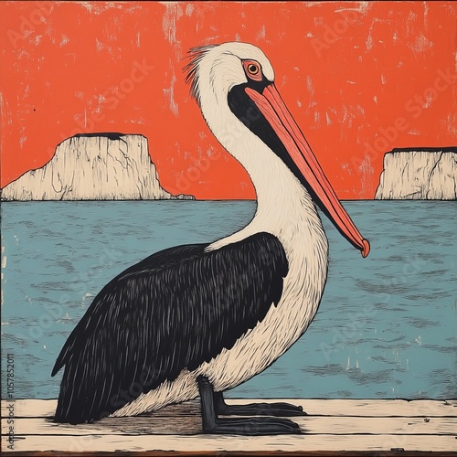 A pelican perched on a wooden dock with a blue ocean and red cliffs in the background. photo