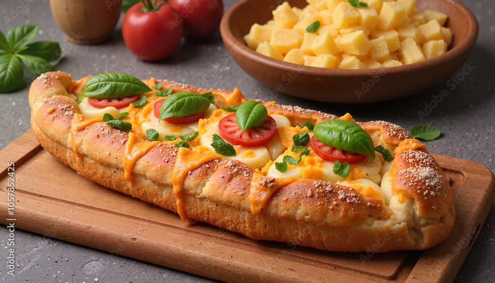 Homemade cheese boat bread with tomatoes and basil Homemade cheese boat bread with tomatoes and basil