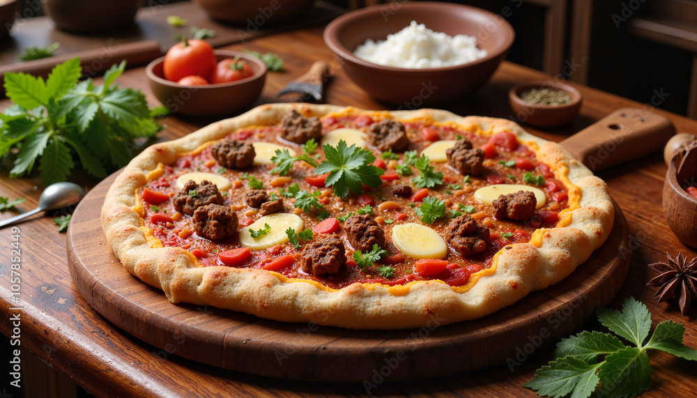 Homemade pizza with meatballs on wooden table Homemade pizza with meatballs on wooden table