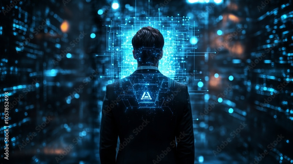 Businessman with illuminated AI lightbulb, representing the impact of AI on future tech Businessman with illuminated AI lightbulb, representing the impact of AI on future tech