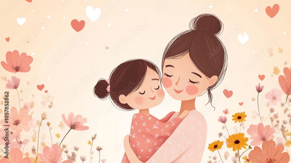 Mother and child in a loving embrace, celebrating Mother's Day with a vibrant, cheerful background. Vector illustration Mother and child in a loving embrace, celebrating Mother's Day with a vibrant, cheerful background. Vector illustration