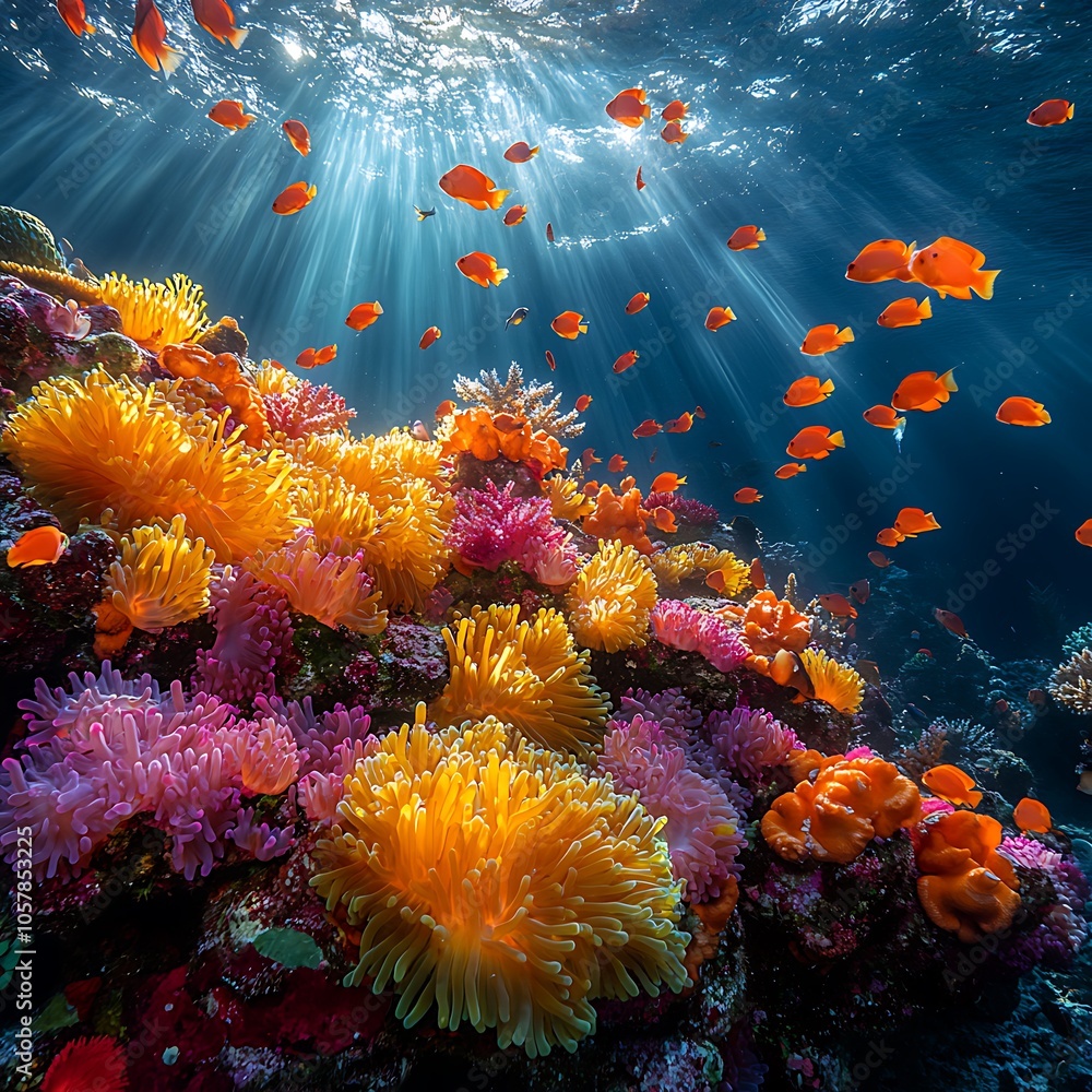 Naklejka premium Sunlight Shining Over Vibrant Coral Reef Colorful Fish Swimming Gracefully picture