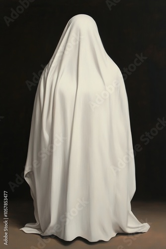 A person covered in a white sheet, standing in a dark room, with a mysterious and haunting air.