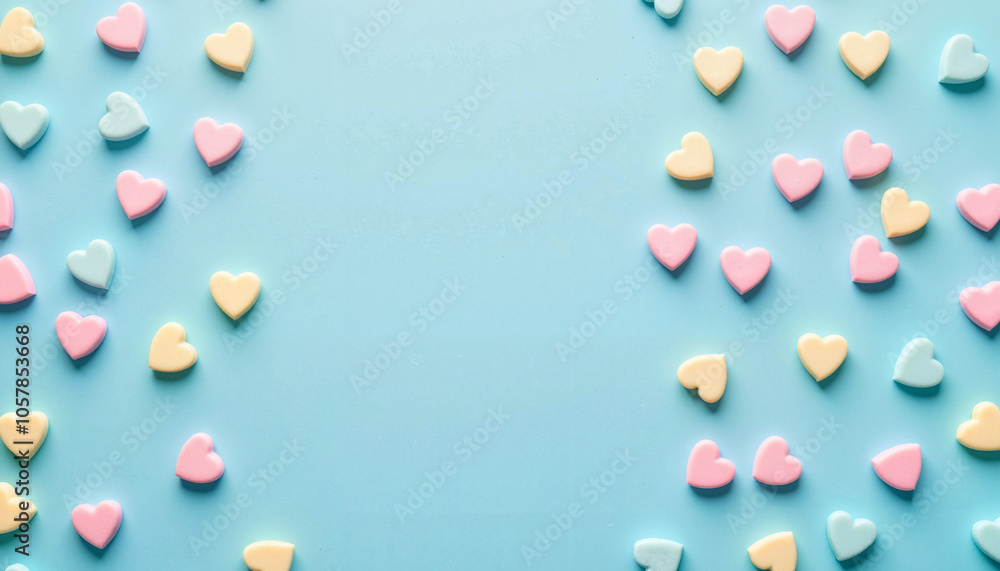Pastel heart candies scattered on light blue background Pastel heart candies scattered on light blue background