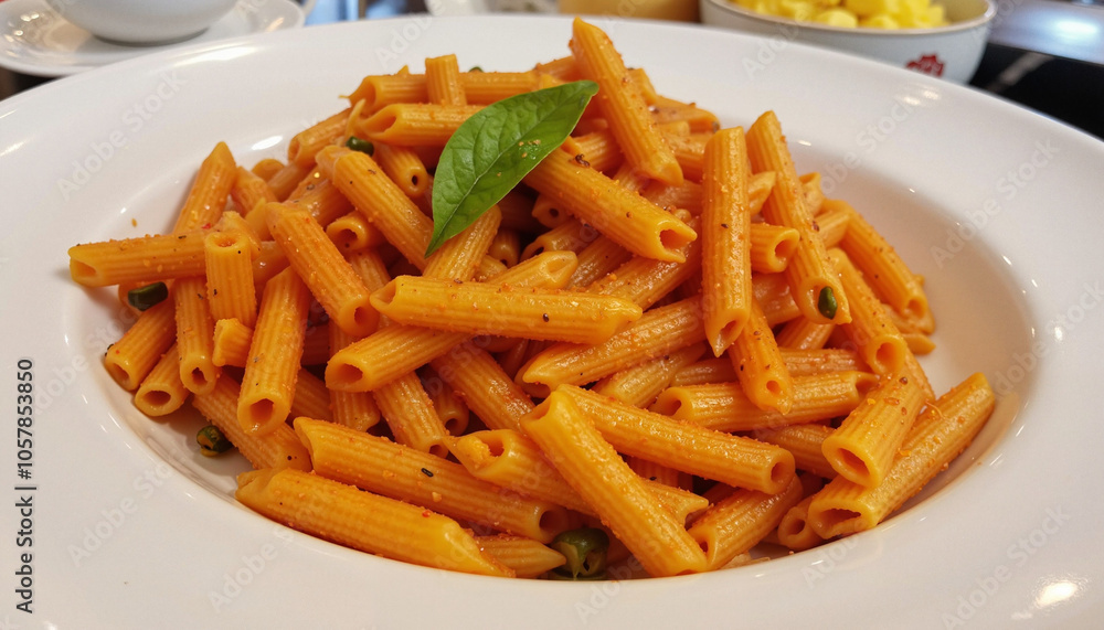 Penne pasta in tomato sauce with fresh basil leaf Penne pasta in tomato sauce with fresh basil leaf