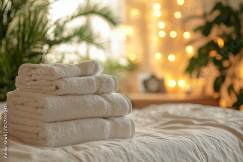 Cozy bedroom with neatly stacked towels on a soft bed in warm, inviting light...