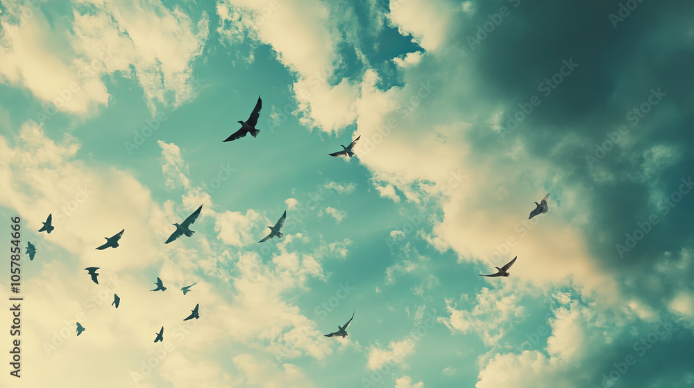 A flock of birds soaring across a dramatic sky backdrop. A flock of birds soaring across a dramatic sky backdrop.