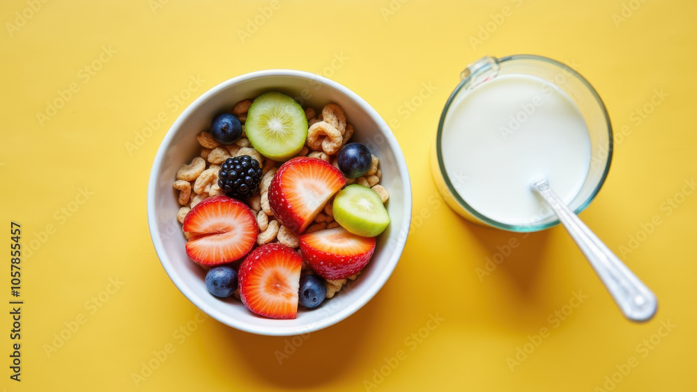 Fresh fruit and cereal with milk, on a yellow table. Fresh fruit and cereal with milk, on a yellow table.