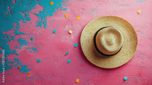 A stylish straw hat surrounded by colorful confetti on a vibrant pink background