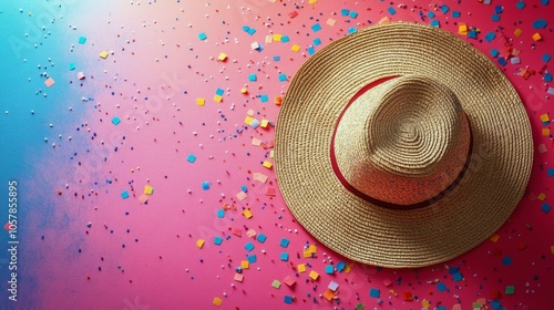 A stylish straw hat surrounded by colorful confetti on a vibrant pink background