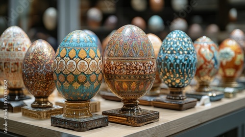 Decorative eggs displayed on a wooden shelf in a vibrant gallery during sprin...