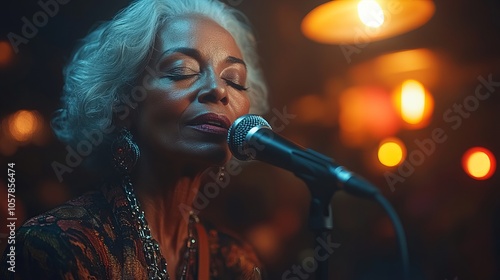 Elegant senior woman with gray hair sings passionately on dimly lit stage, creating captivating atmosphere in cozy jazz club