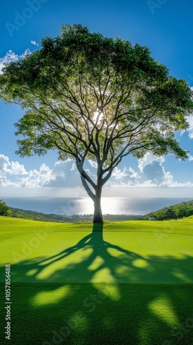 Large tree casting a shadow on lush green grass near the ocean during a sunny...
