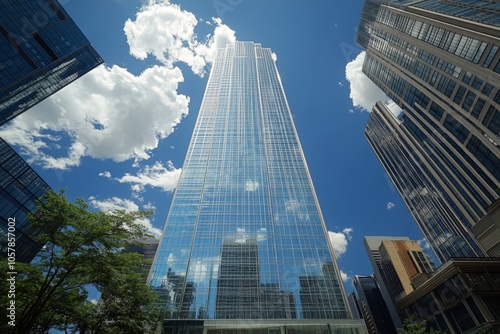 Tall modern skyscraper reflecting clouds in the bright daylight sky in an urb...