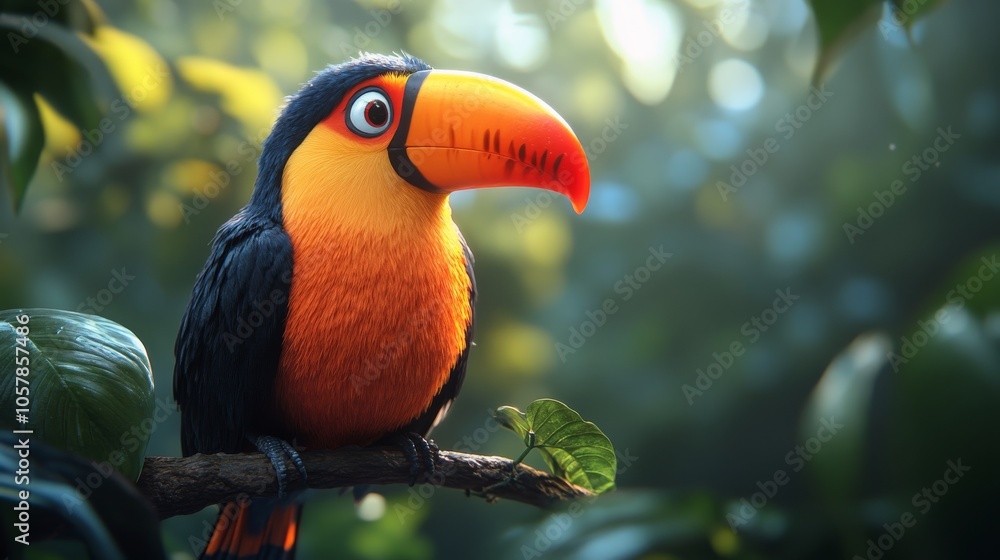 Obraz premium Colorful toucan perched on a branch surrounded by lush tropical foliage in a rainforest setting