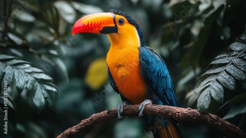 Colorful toucan perched on a branch surrounded by lush tropical foliage in a ...