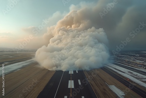 Thick smoke billows across the runway at a busy airport during early evening ...