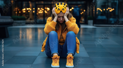 Young woman sitting on the ground holding a yellow cartoon-style face mask with emojis, wearing a yellow sweater and orange shoes in a modern urban setting with blurred lights.