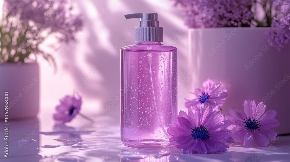 A bottle of shampoo surrounded by violet flowers on the purple background. A bottle of shampoo surrounded by violet flowers on the purple background.