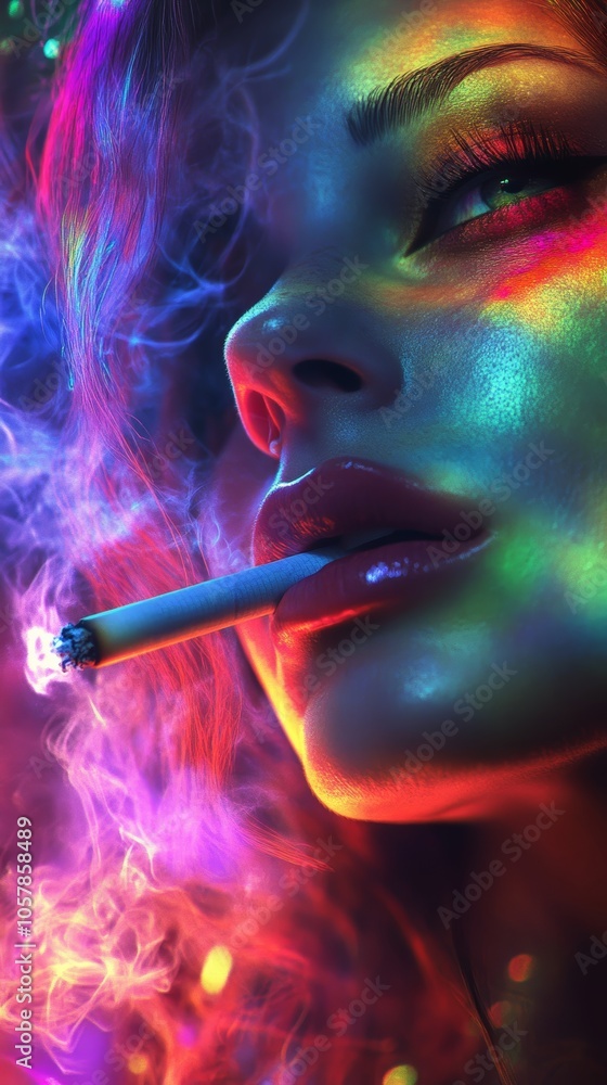 Fototapeta premium Close-up portrait of a woman with vibrant, colorful makeup smoking a cigarette, illuminated by neon lights, creating a smoky, atmospheric scene