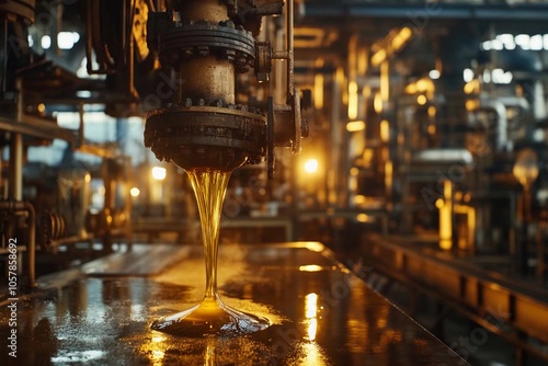 The art of manufacturing: golden liquid flows in a bustling factory during twilight. Generative AI photo